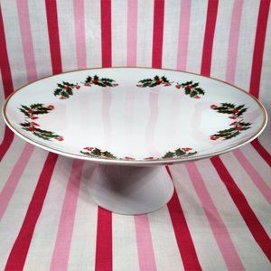 Beautiful Mid Century Holly Berry Ceramic Cake Plate Stand Holiday Server Japan